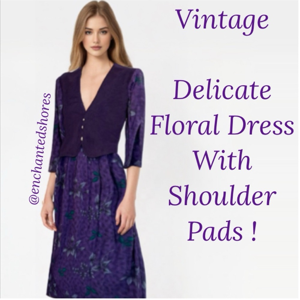 Vintage Dress 80s 90s Shoulder Pads Floral Coquette Vest Jumper Purple Size 12